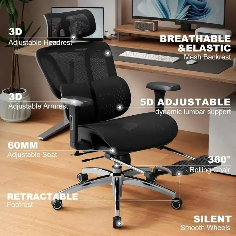 Ergonomic Office & Gaming Chair, Equipped with Footrest, 3D Adjustable Headrest