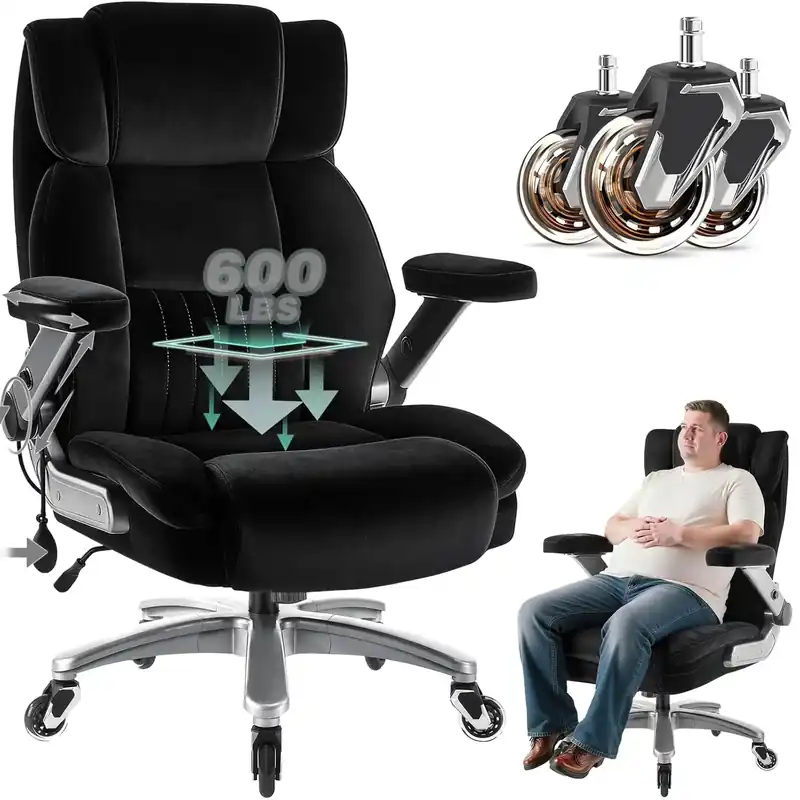 600LB Big Tall Executive Office Chair 5D Flip Arms Pocket Spring Lumbar Support High Back Cloth Desk Rubber Wheels