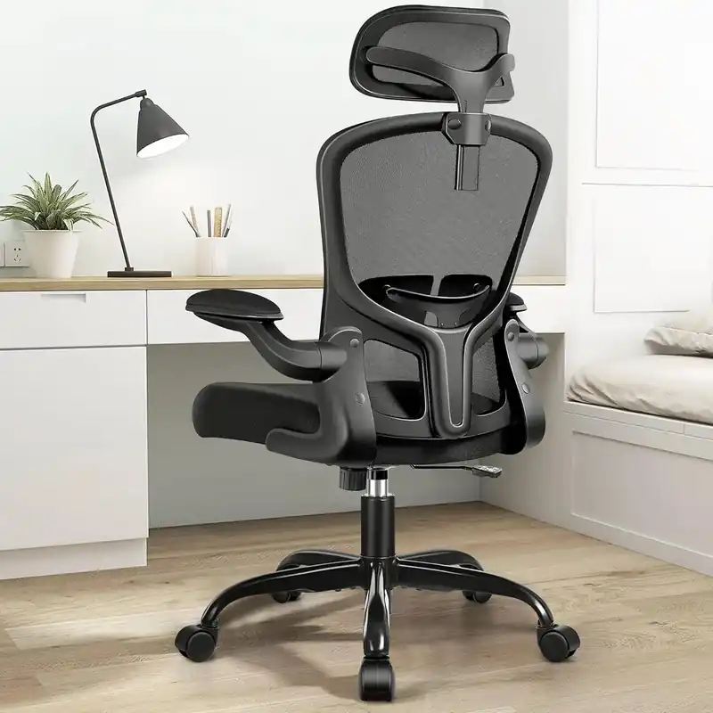 Ergonomic Office Chair with Headrest, Adjustable Lumbar Support, Swivel Wheels & Flip-up Armrests