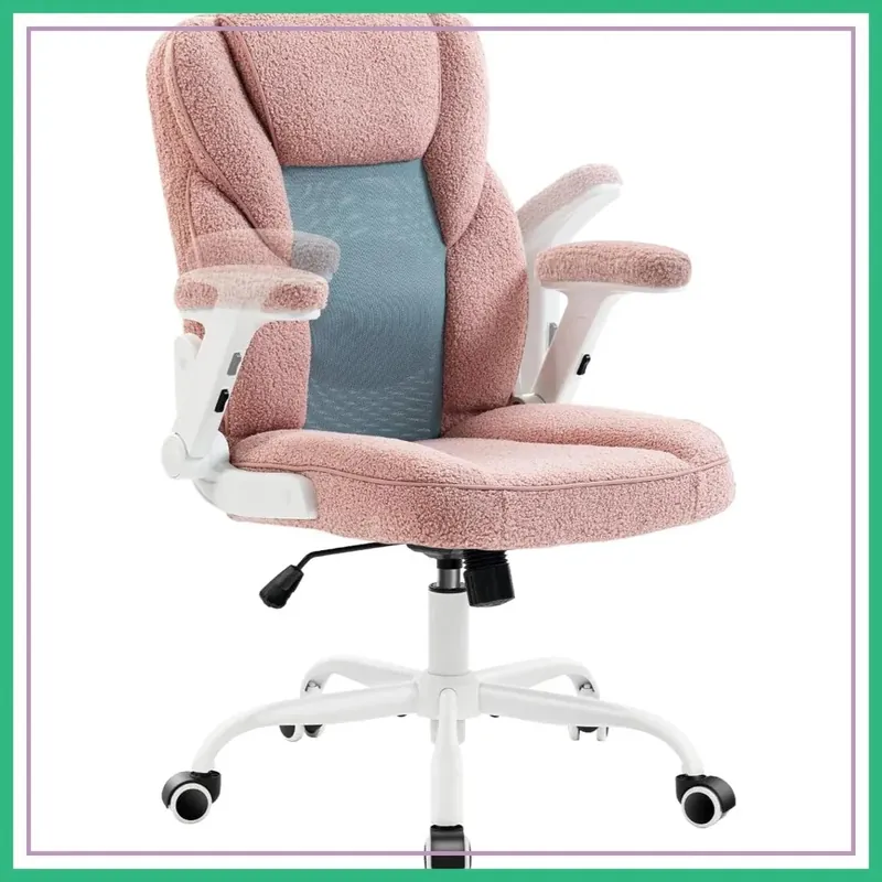 Pink Home Office Chair Mesh Teddy Fleece Swivel Desk Chair with Wheels