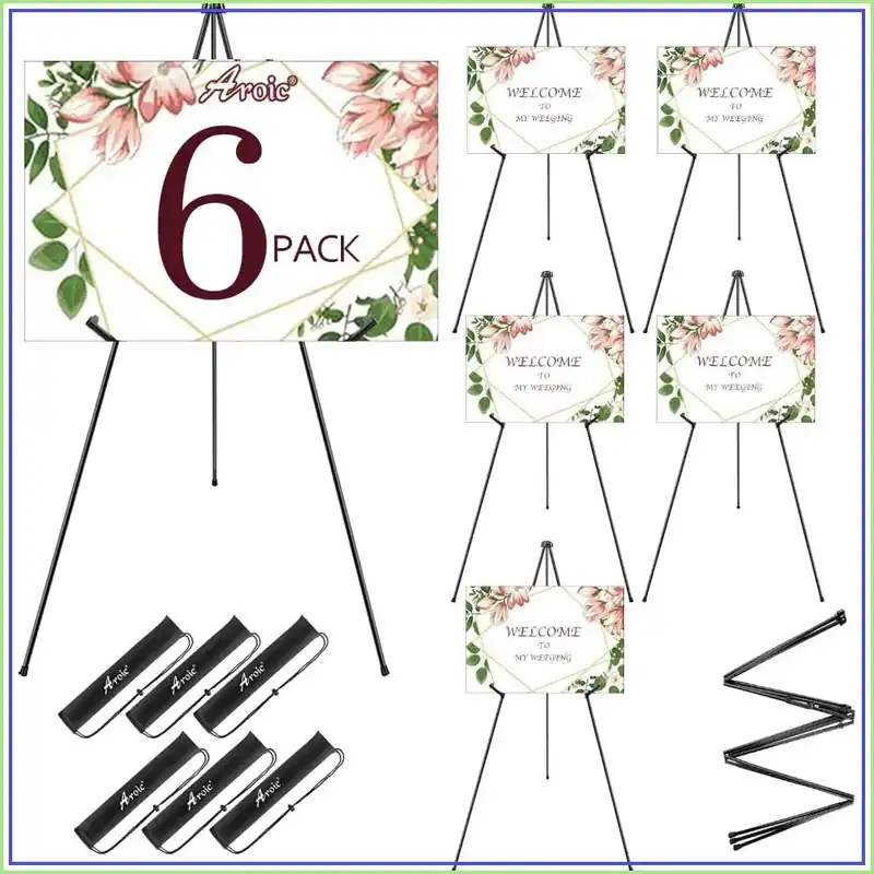 6 Pack Portable Foldable Metal Easel Stand for Display, Signs, Wedding, Arts, Painting, Adjustable
