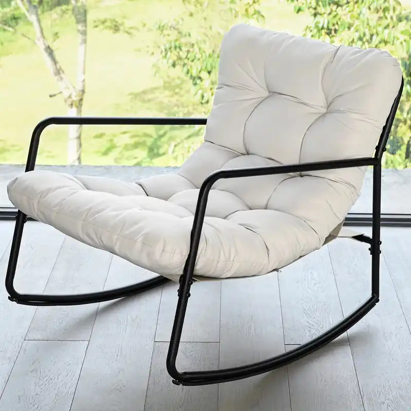 SEEHILL Outdoor Rocking Chair, Metal Patio Rocking Chair, Indoor Rocking Chair with Cushion, Papasan Rocking Lounge Chair, Comfy Modern Rocker Chair for Porch, Living Room
