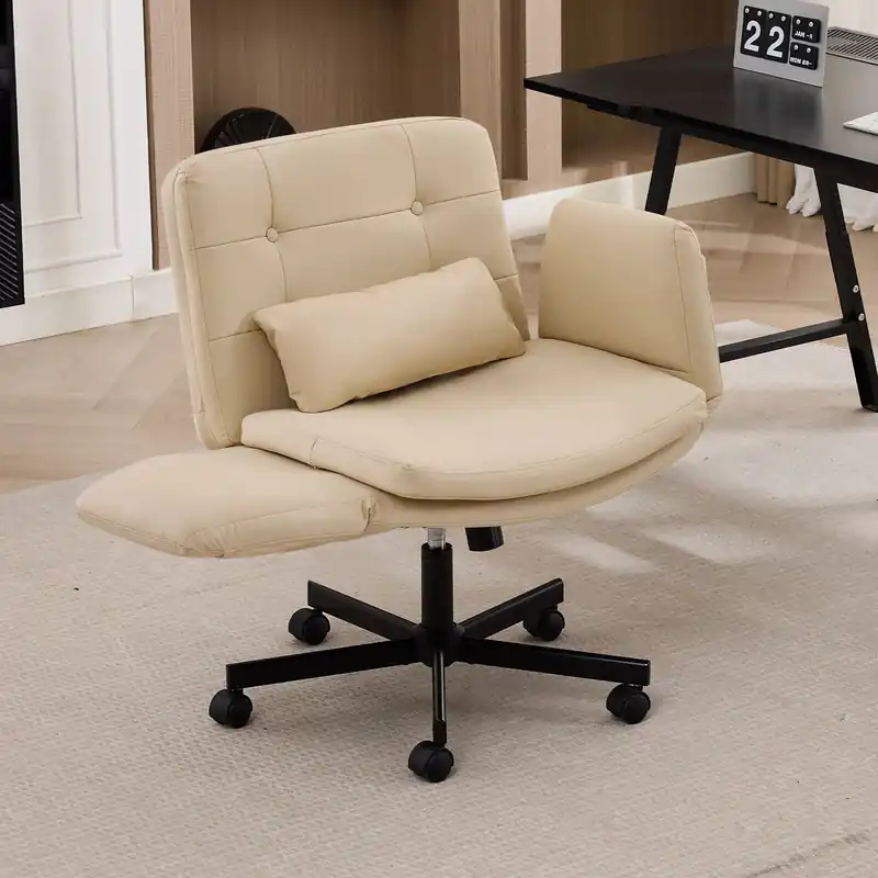 TCGBKAF Beige Criss Cross Chair with Adjustable Arms PU Leather Swivel Vanity Chair with Side Pockets Ergonomic Cross Legged Office Chair with Wheels Adjustable Height Computer Desk Chair