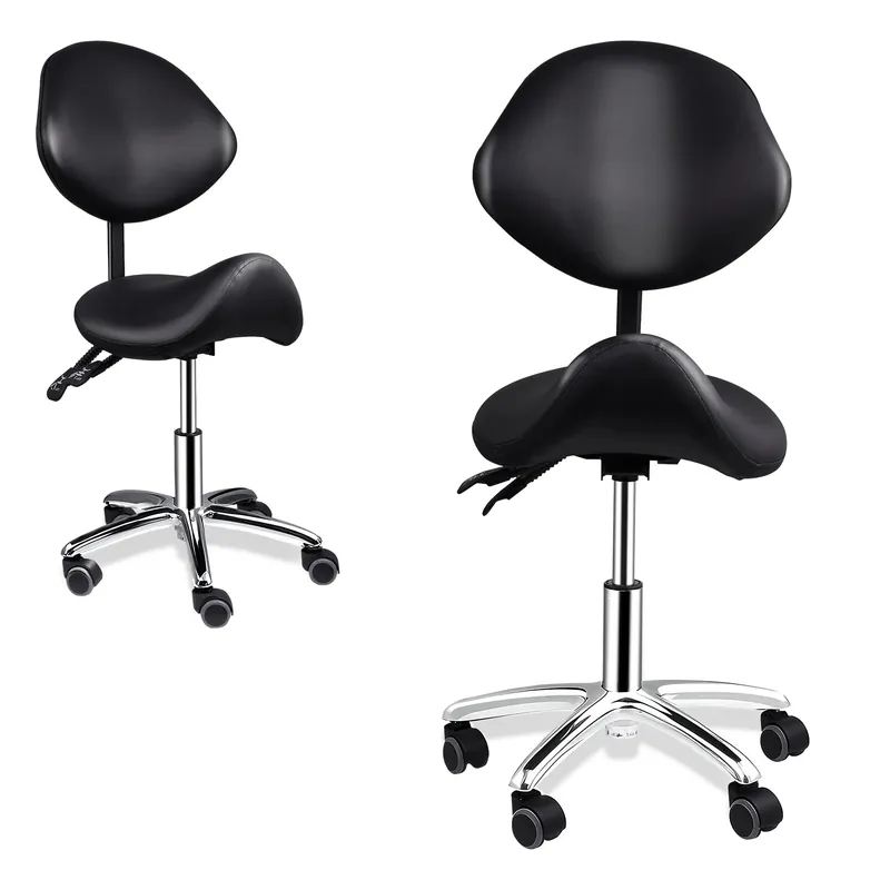 Ergonomic Rolling Saddle Chair Height Adjustable with Wheels and Backrest, Professional Salon Chair