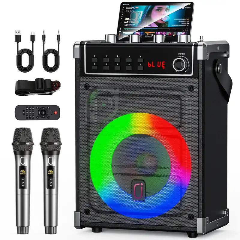 JYX Karaoke Machine with 2 UHF Wireless Microphones, Bluetooth Speaker with Bass/Treble/Echo Adjustment & LED Light