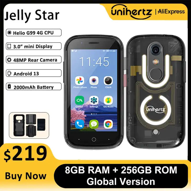 Unihertz Jelly Star Mini Smartphone Android 13 8GB 256GB Led Light Unlocked Transparent Backshell Cellphones 48MP Portable Phone