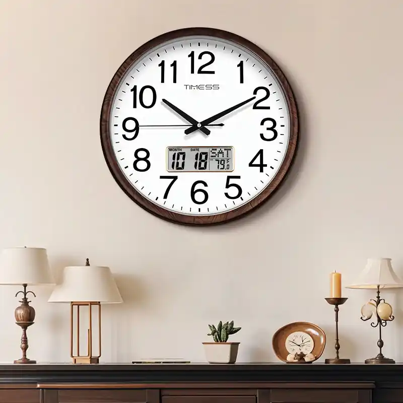 TIMESS 13-inch wood grain wall clock, perpetual calendar, silent timekeeping