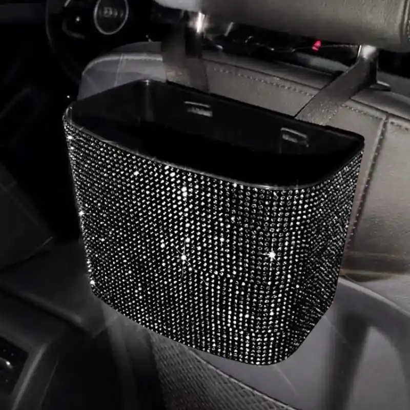 Blacked-Out Car Hanging Trash Bin Adorned With Sparkling Rhinestone Crystals