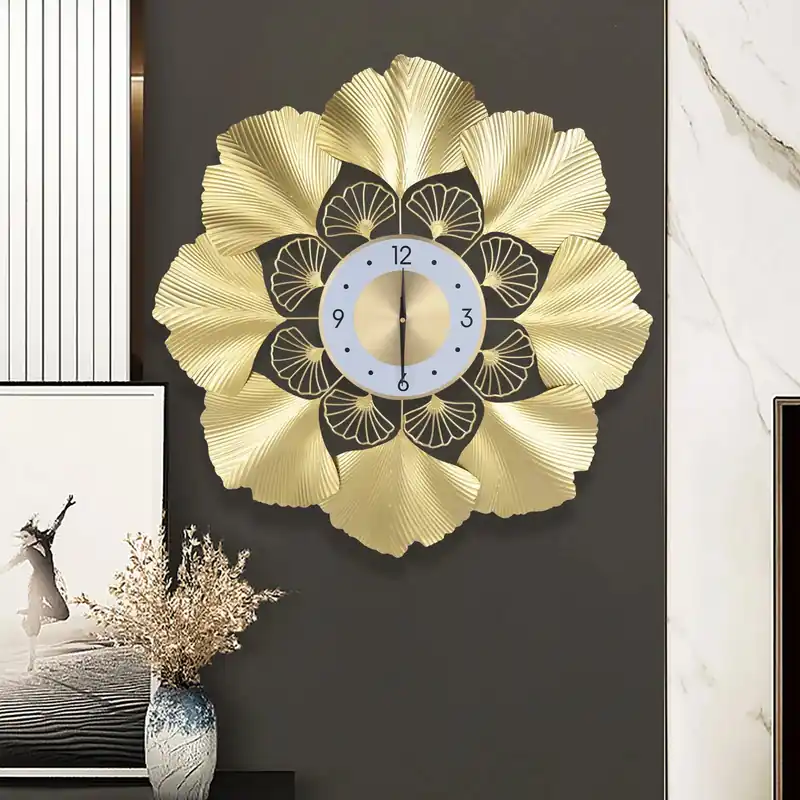 3D Ginkgo Biloba Art Wall Clock WM353B Gold Dial, Silent Movement