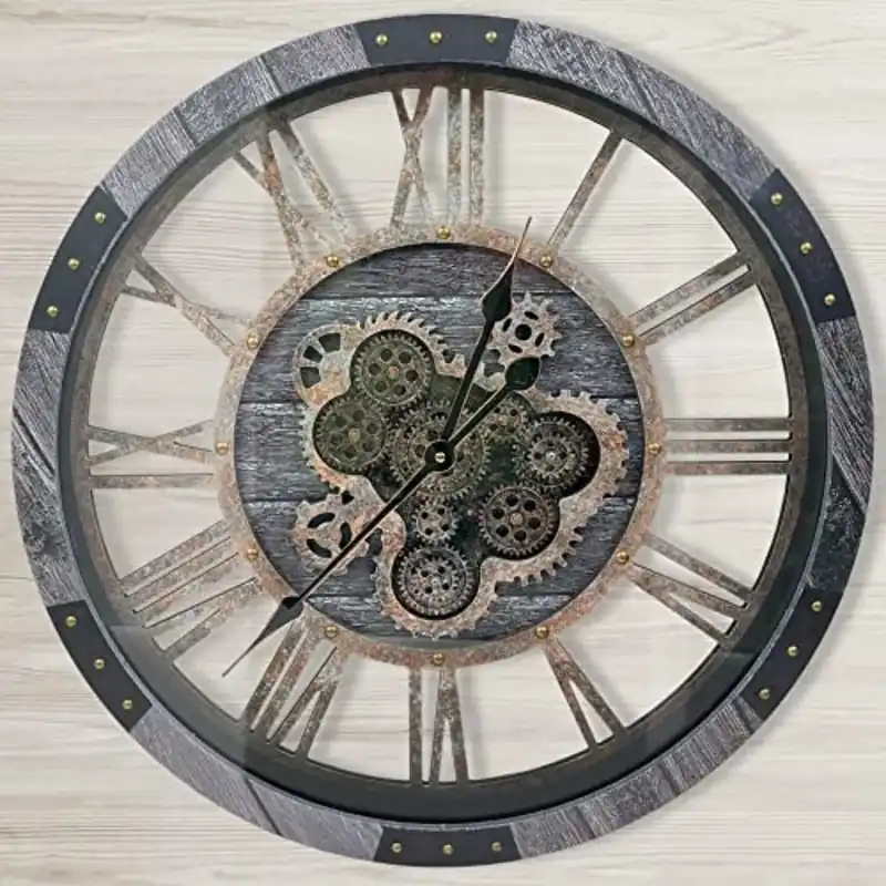 24 Large Wall Clock with Moving Gears for Living Room Decor, Solid Wood
