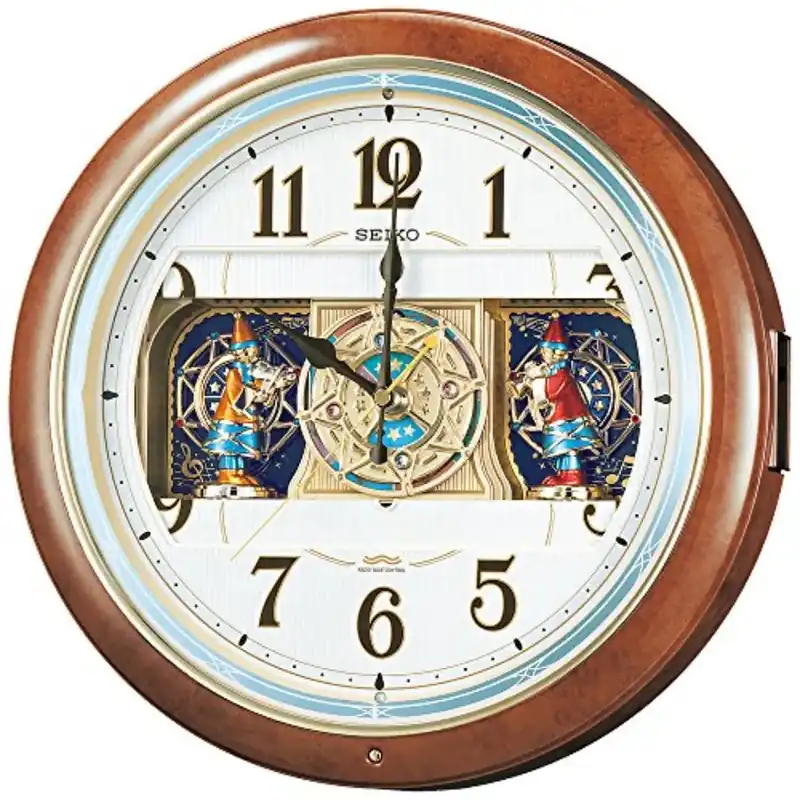 Wall clock for living room, wood finish, black with wave-shaped hands