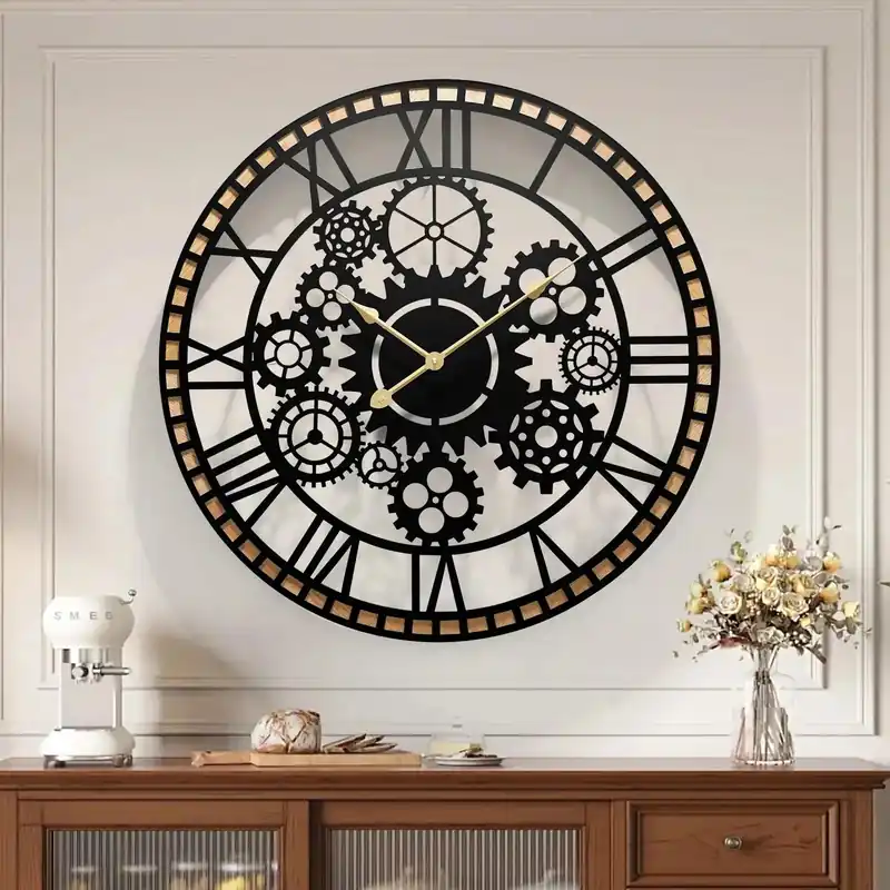 Large Industrial Gear Wall Clock With Wooden Frame For Living Room Office