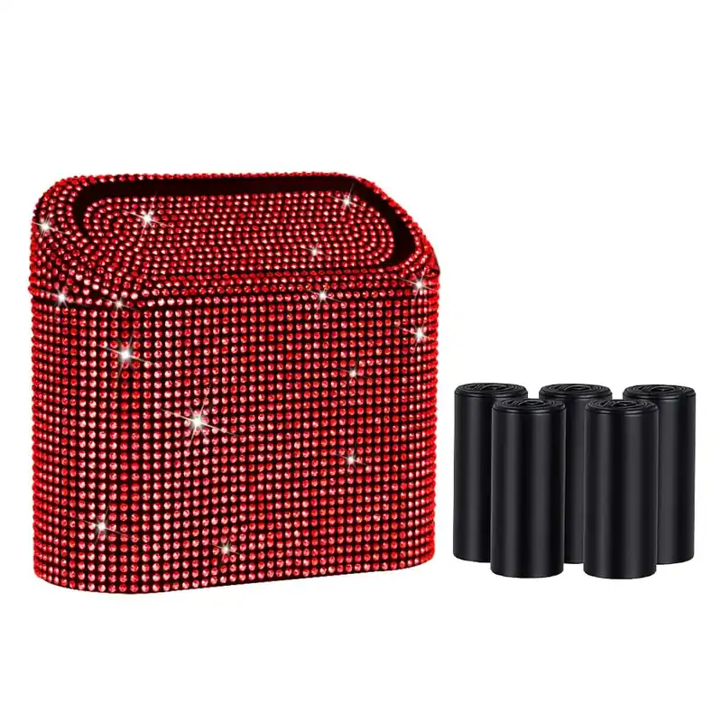 Sparkling Red Crystal Car Waste Bin With Flip Lid, Compact Auto Garbage Organizer For Vehicle