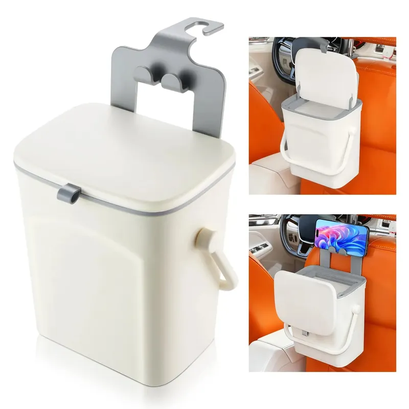 Universal Car Trash Bin With Lid, Phone Holder And Hanging Hook