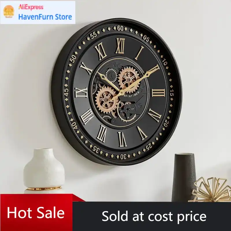 24 Inch Wall Clock with Moving Gears, Black Gold Roman Numeral Wall Clocks