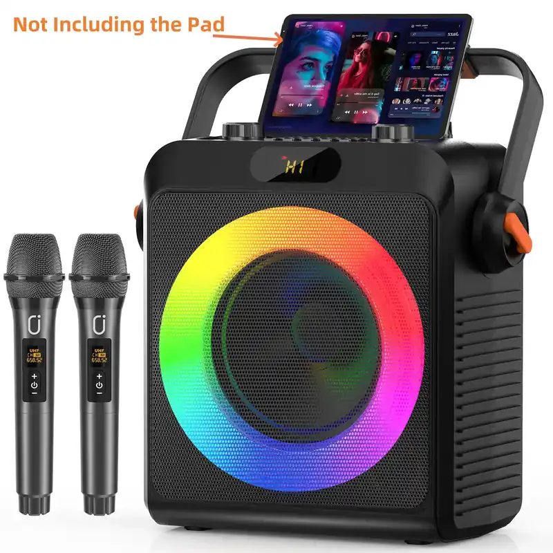 Black Karaoke Speaker W/ Treble/Bass Adjustment, 2 Wireless Microphones