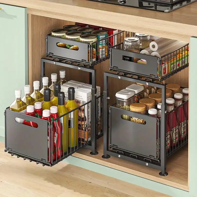 2 Tier Slide Out Cabinet Organizer Heavy Duty, Under Sink Storage Shelf for Kitchen Bathroom,