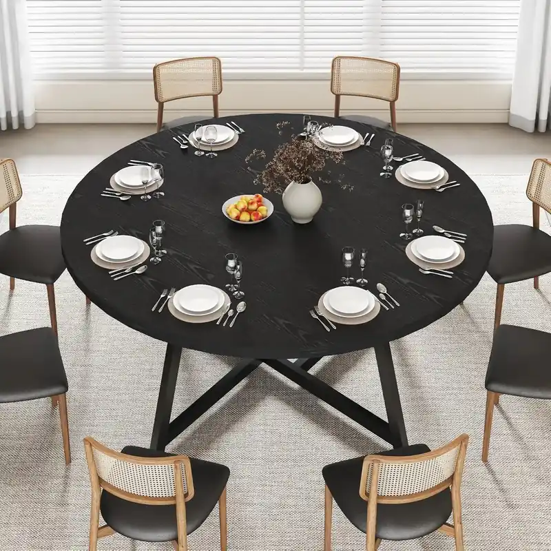 59‘‘ Round Dining Table for 8, Wood Round Dinner Tables with Metal Base