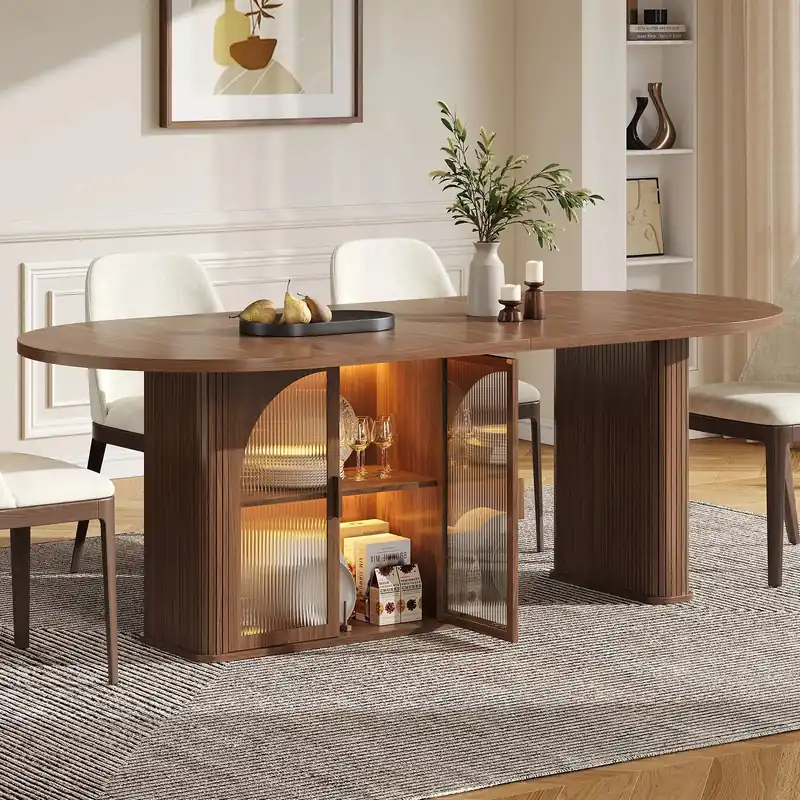 Walnut 70 Inch Oval Dining Table for 6-8 People, Modern Large Dining Room Table with 2-Tier Storage Space