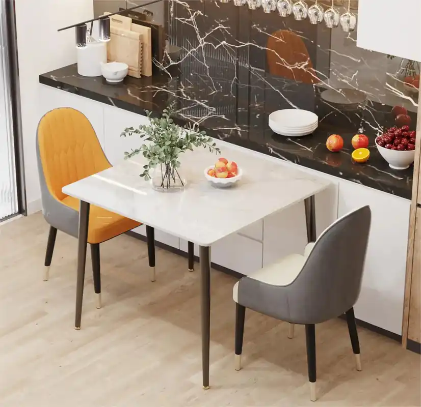 Square Restaurant Marble Dining Table Compact Dishes Serve Table with Metal