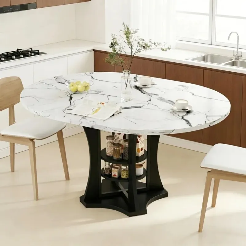 Extendable Dining Table 43"-59" for 4-6, White Faux Marble Round Kitchen Dining Room Table