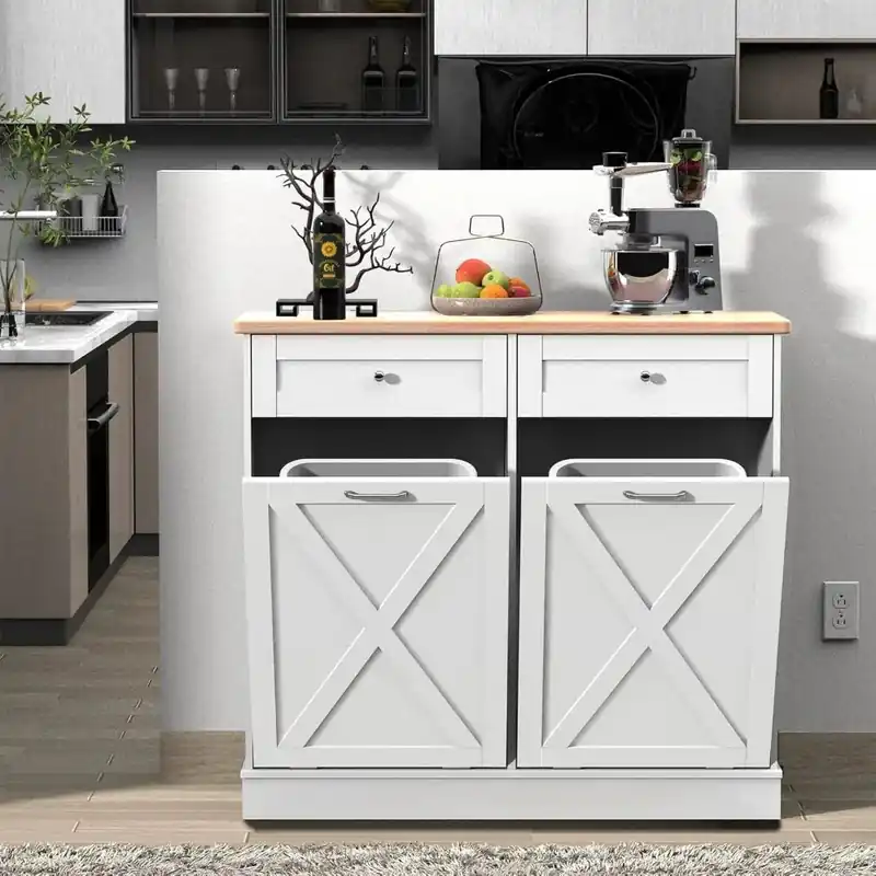 Double Tilt Out Trash Cabinet Can Bin Kitchen 20 Gallon Wooden Free Standing