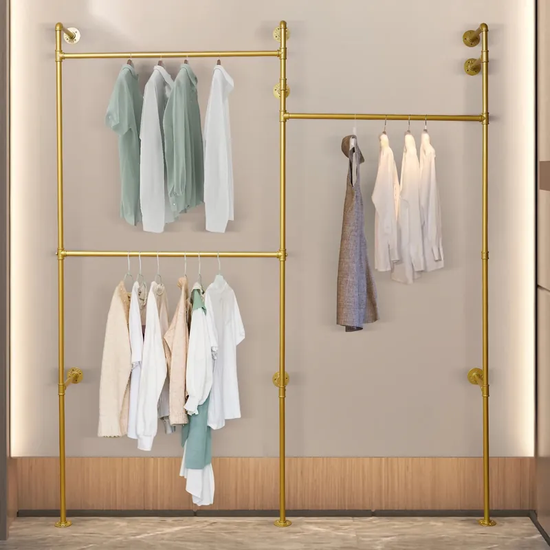 Gold 3-Tier Clothing Rack Wall Mounted Industrial Pipe Garment Rack Heavy Duty Metal Garment Frame