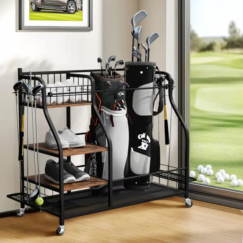 Multifunctional Rolling Golf Bags Storage Shelf Metal Sports Equipment
