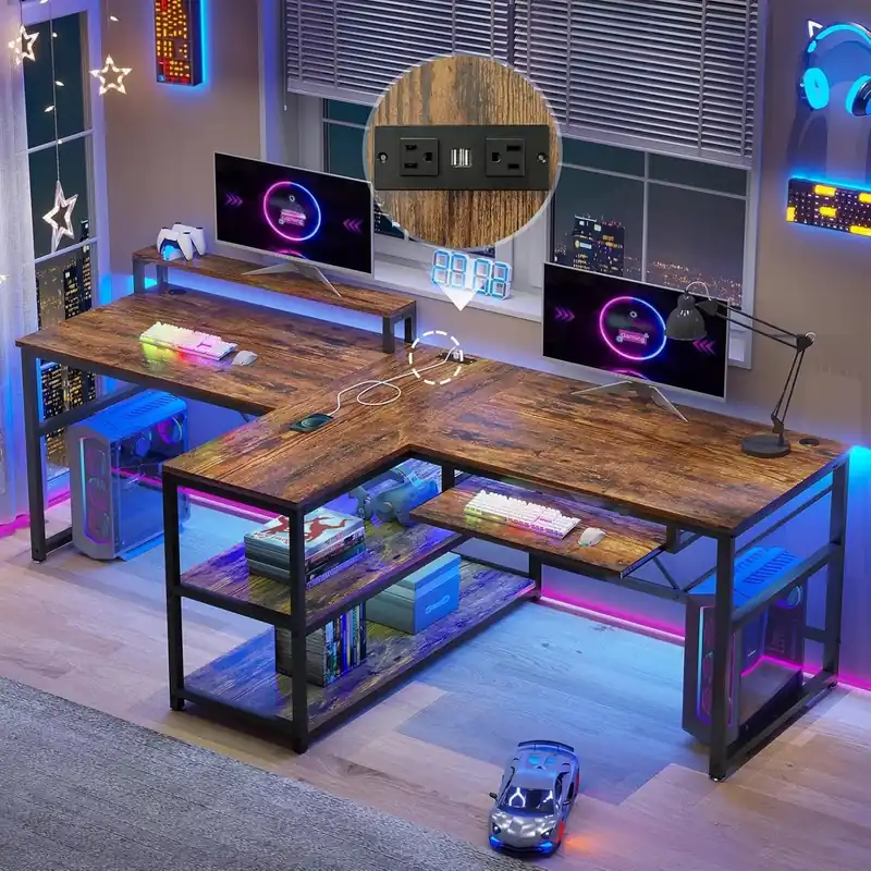 94.5" Home Office Desks, Computer Gaming Desk with Storage, LED Lights