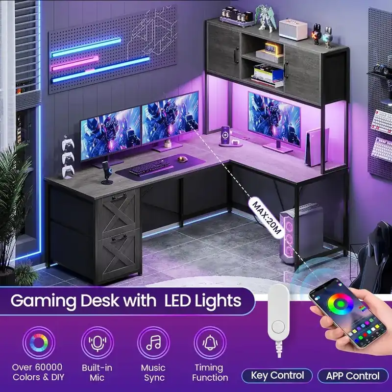 L Shaped Gaming Desk, Reversible Computer Desk with Fabric Drawers