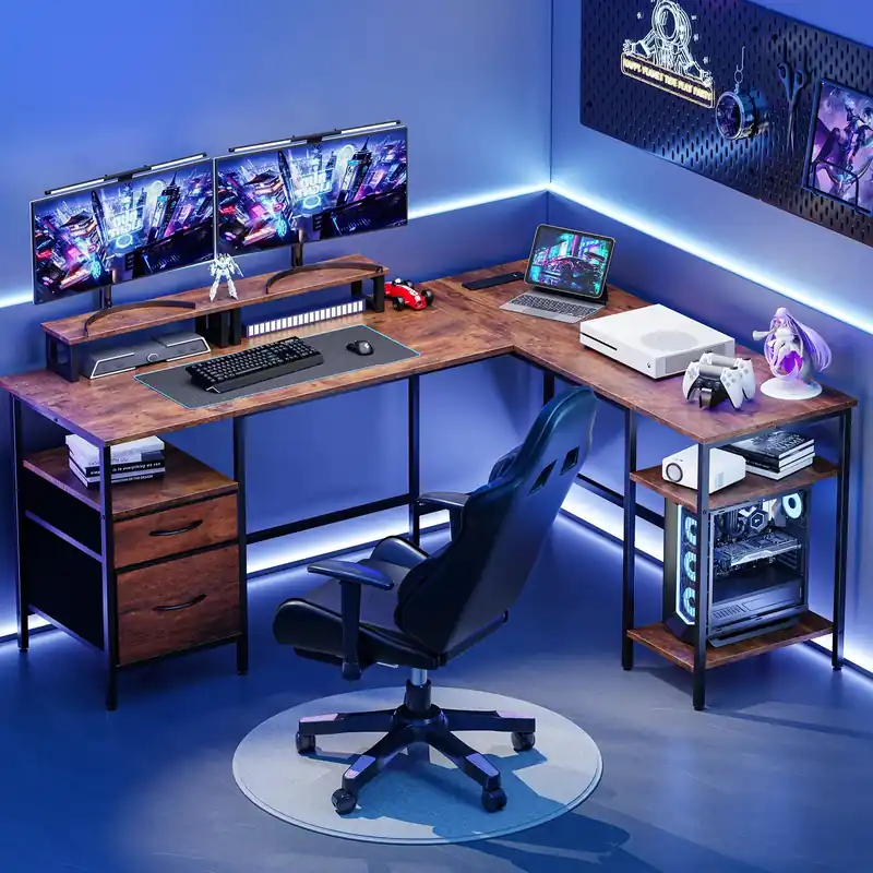 JHK 62IN L Shaped Computer Desk with 2 Drawers Wood Table
