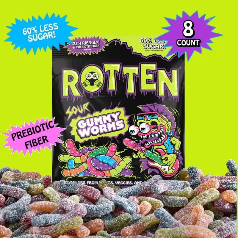 Rotten Sour Gummy Worms Candy GF, Prebiotics, Low Sugar