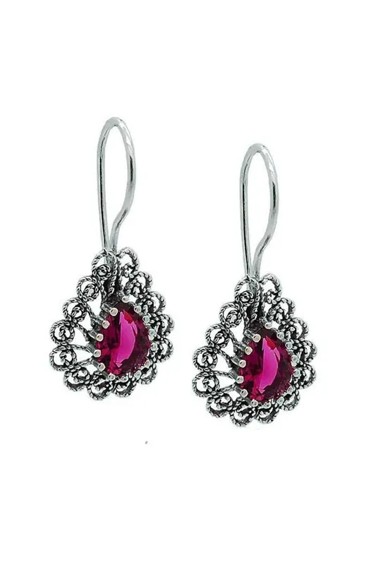Beyisa Miras Series Telkari Root Ruby Drop Earrings 925 Sterling Silver