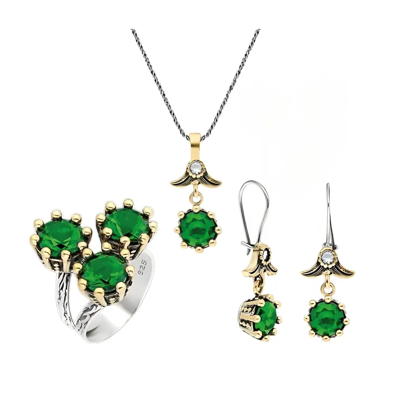 Beyisa Light Green Jade Stone Trio Set 925 Sterling Silver