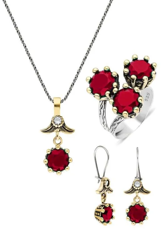 Beyisa Authentic Triangle Jewelry Set with Red Ruby 925 Sterling Silver