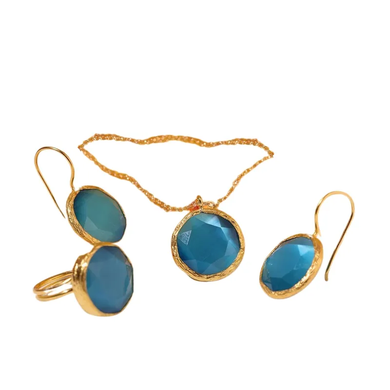 Beyisa Sun Stone Round Cut Blue Cat‘s Eye Triple Set 22K Gold