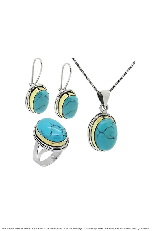 Beyisa Authentic Turkish Jewelry Set with Turquoise Stones 925 Sterling Silver