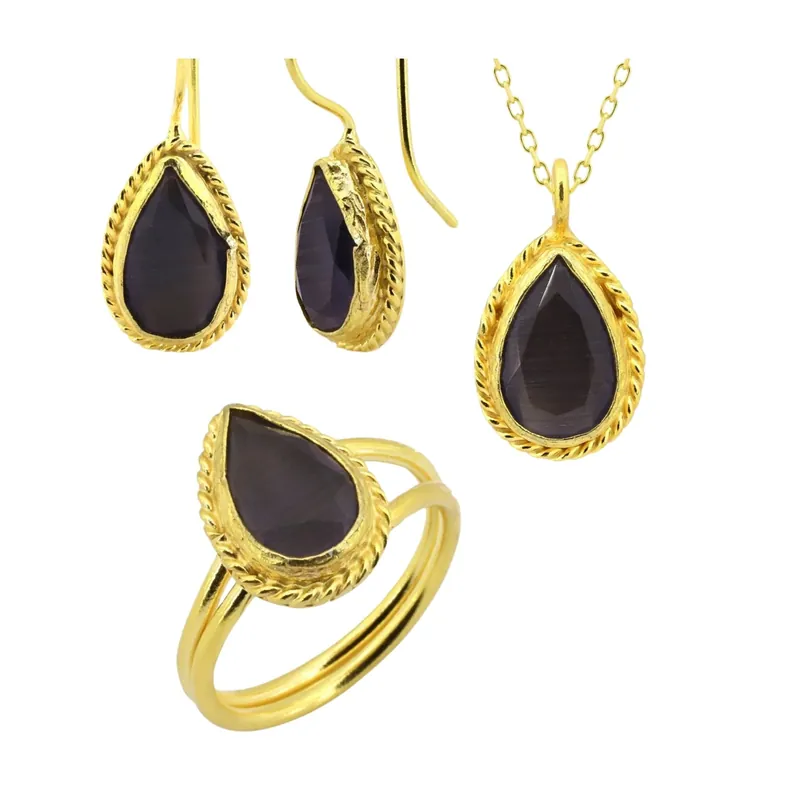 Beyisa Sun Stone Series Winding Drop Cut Black Onyx Triple Set 22K Gold
