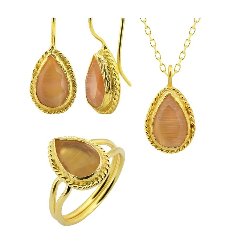 Beyisa Sun Stone Series Winding Drop Cut Black Onyx Triple Set 22K Gold Plated