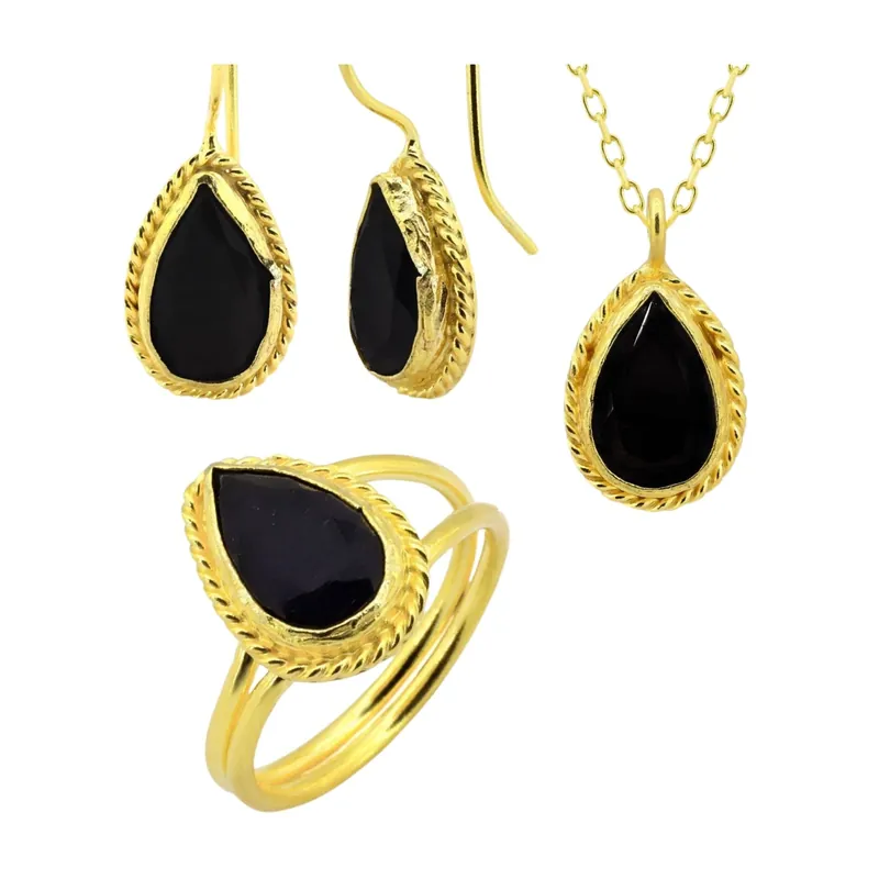 Beyisa Sunstone Series Winding Drop Cut Black Onyx Women‘s Triple Set 22K Gold Plated