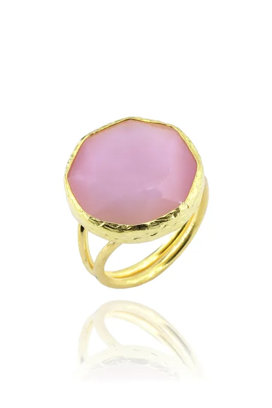Beyisa Sun Stone Cat‘s Eye Round Pink 22K Gold Yellow Plated Women‘s Ring