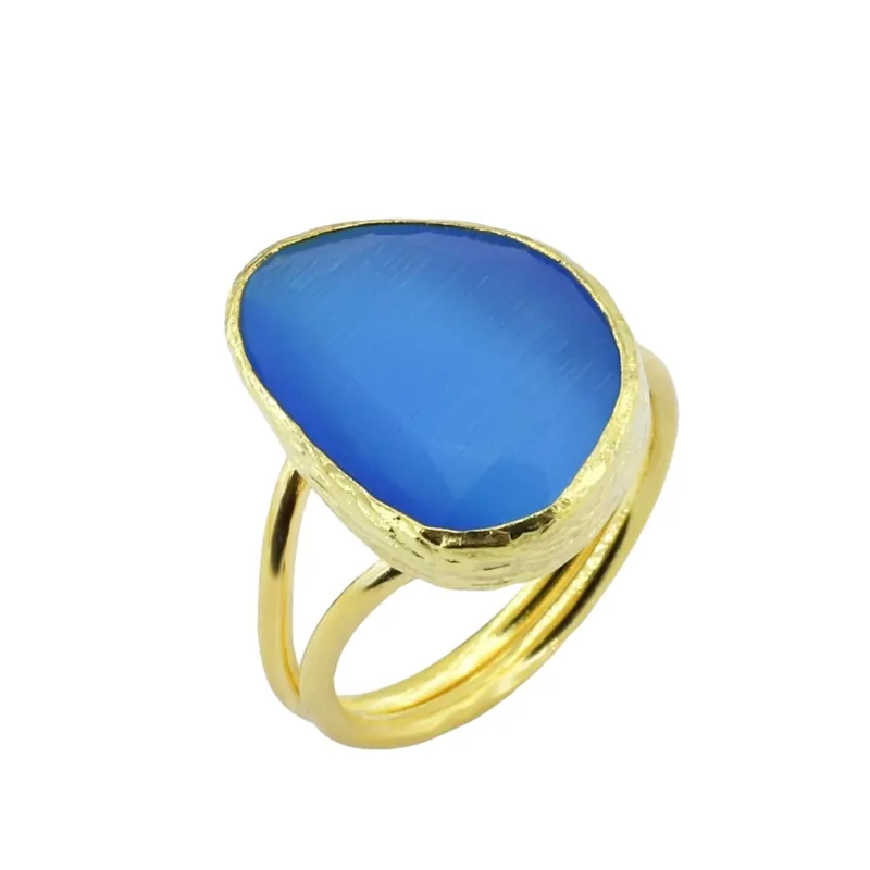Beyisa Sunstone Cat‘s Eye Blue 22K Gold Plated Women‘s Ring