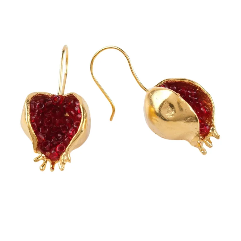 Beyisa Bereket Series Red Garnet Stone Gold Plated Women‘s Pomegranate Motif Silver Earrings 22K Gold