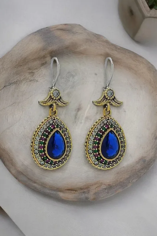 Blue Sapphire Stone Silver Drop Design Authentic Earrings Hürrem Sultan Jewelry