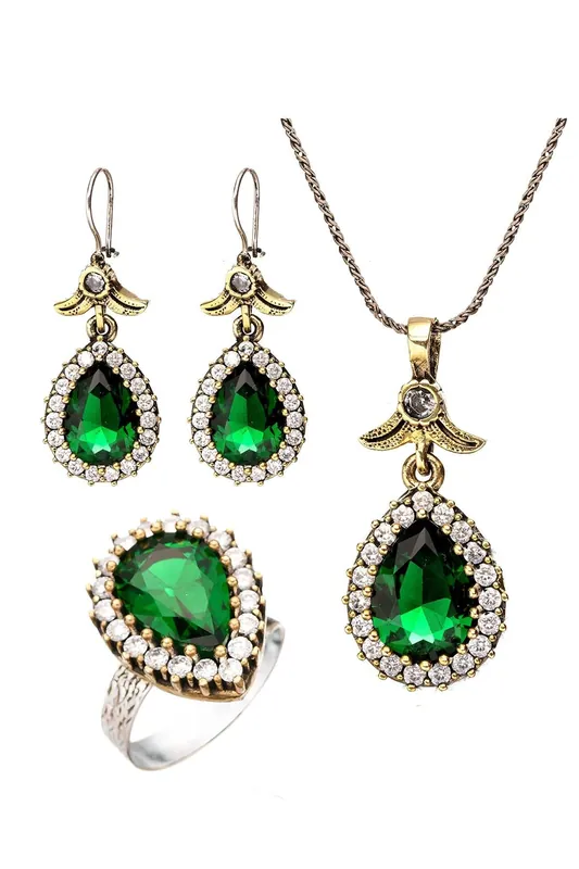 Beyisa Green Jade Emerald Hürrem Sultan Triple Set 925 Sterling Silver