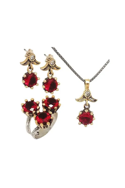 Beyisa Söğütlü Series Garnet Triple Jewelry Set 925 Sterling Silver