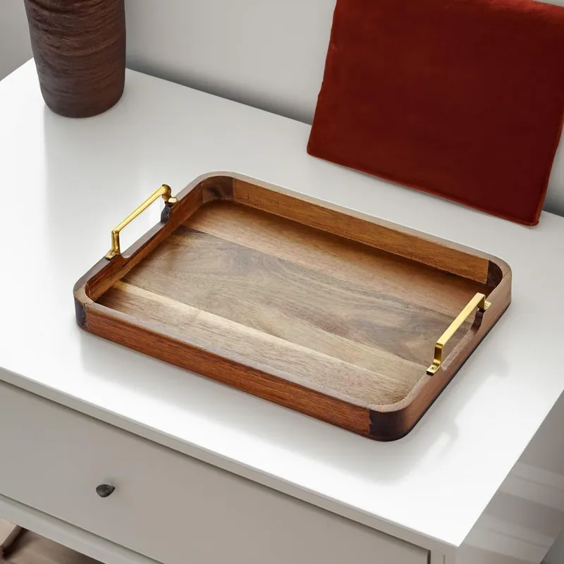 Natura – Metal Sleeved Acacia Tray – Decorative & Serving – 38x28 cm