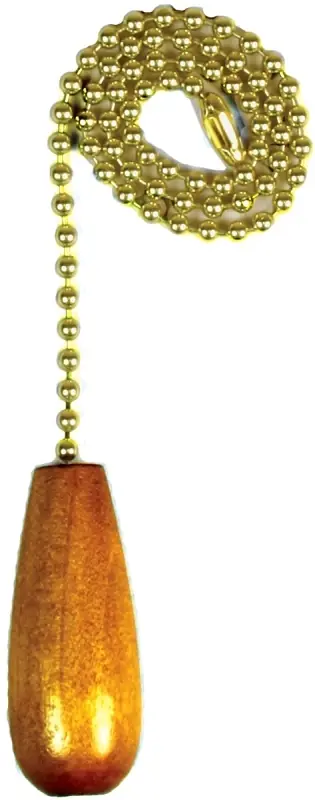Lamp Pull Chain, Brass With Wood Cylinder, 12-in.