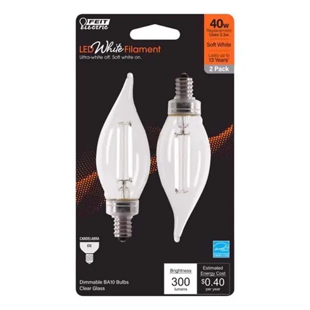 White Ba10 E12 (candelabra) Filament Led Bulb Soft White 40 Watt Equivalence 2 Pk