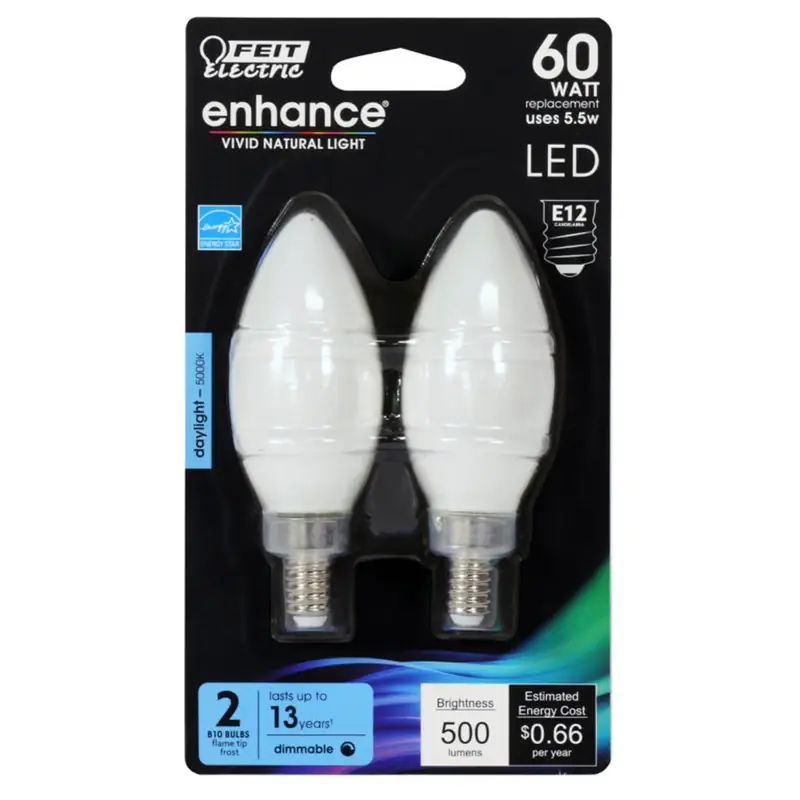 Enhance Blunt Tip E12 (candelabra) Filament Led Bulb Daylight 60 Watt Equivalence 2 Pk